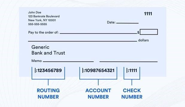 picture of blank check showing the routing number in bottom left, account number in bottom center and check number bottom right