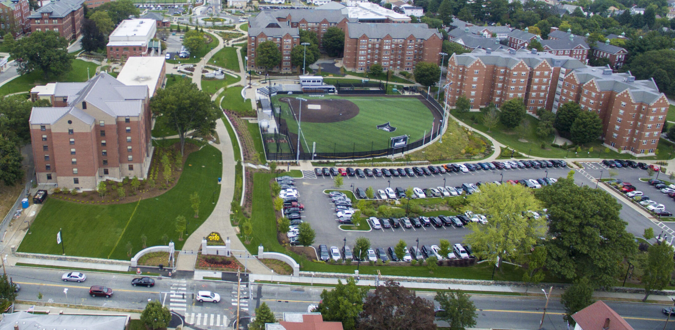 Aerial of campus and Eaton Street.